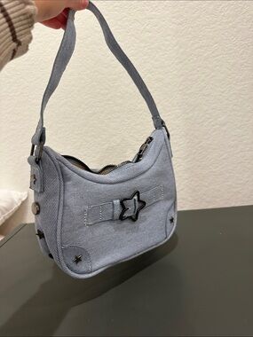 Light Blue Denim Star-Accent Shoulder Bag